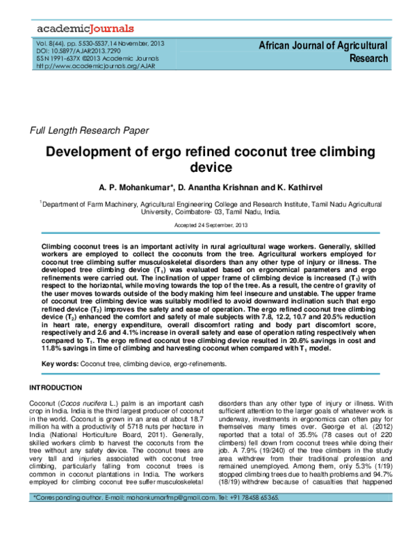 First page of “Development of ergo refined coconut tree climbing
device”