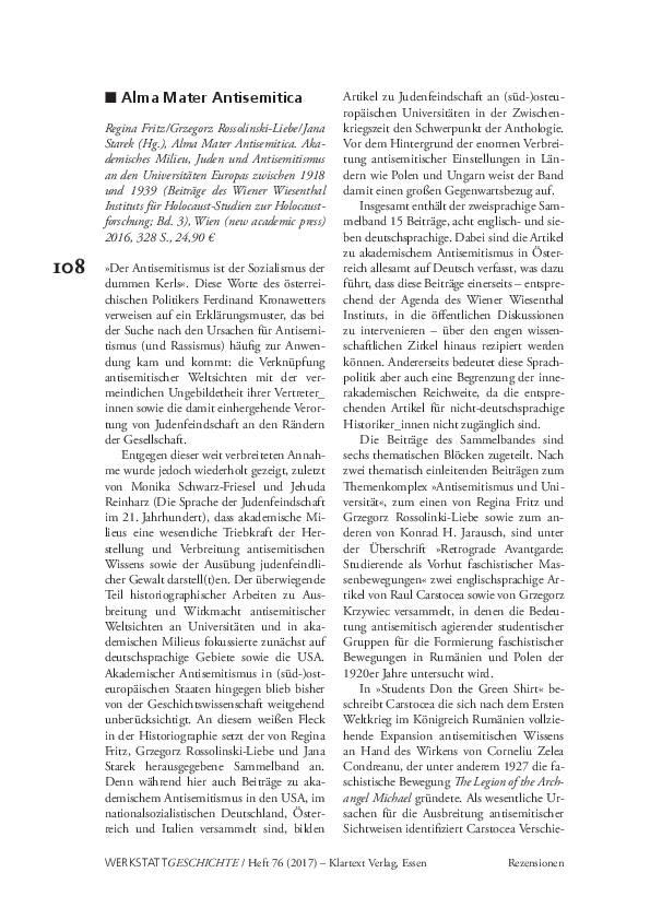 First page of “Kristoff Kerl über "Alma Mater Antisemitica"”