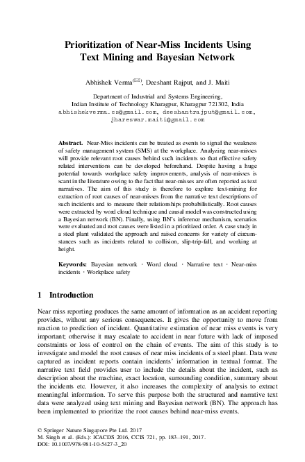 First page of “Prioritization of Near-Miss Incidents Using Text Mining and Bayesian Network”