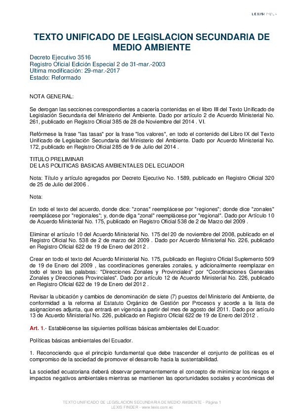 First page of “TEXTO UNIFICADO DE LEGISLACION SECUNDARIA DE MEDIO AMBIENTE”