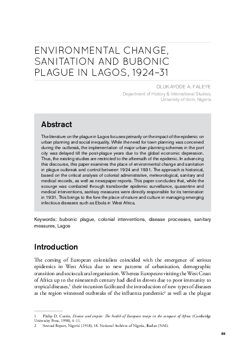 First page of “ENVIRONMENTAL CHANGE, SANITATION AND BUBONIC PLAGUE IN LAGOS, 1924–31”