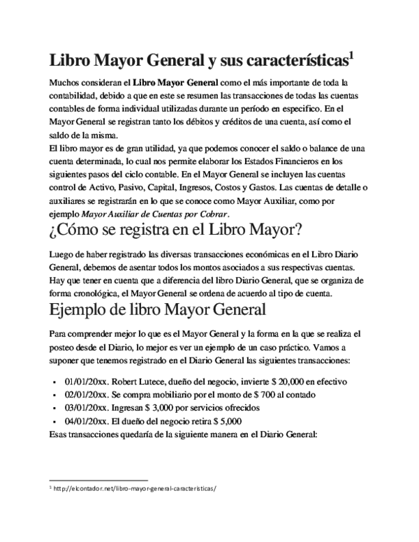 First page of “Libro Mayor General y sus características”