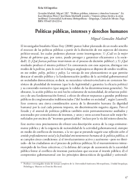 First page of “Políticas públicas, intereses y derechos humanos”