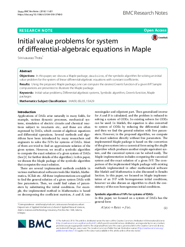 First page of “Initial value problems for system of differential-algebraic equations in Maple”