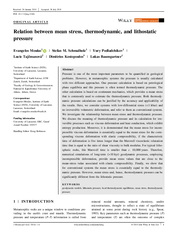 First page of “Relation between mean stress, thermodynamic, and lithostatic pressure”