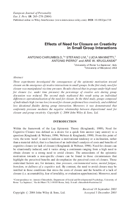 First page of “Effects of need for closure on creativity in small group interactions”