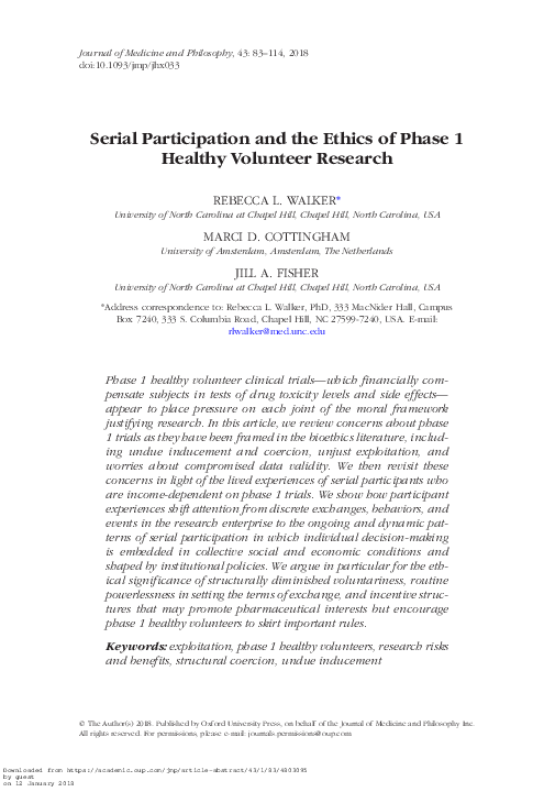 First page of “Serial Participation and the Ethics of Phase 1 Healthy Volunteer Research”