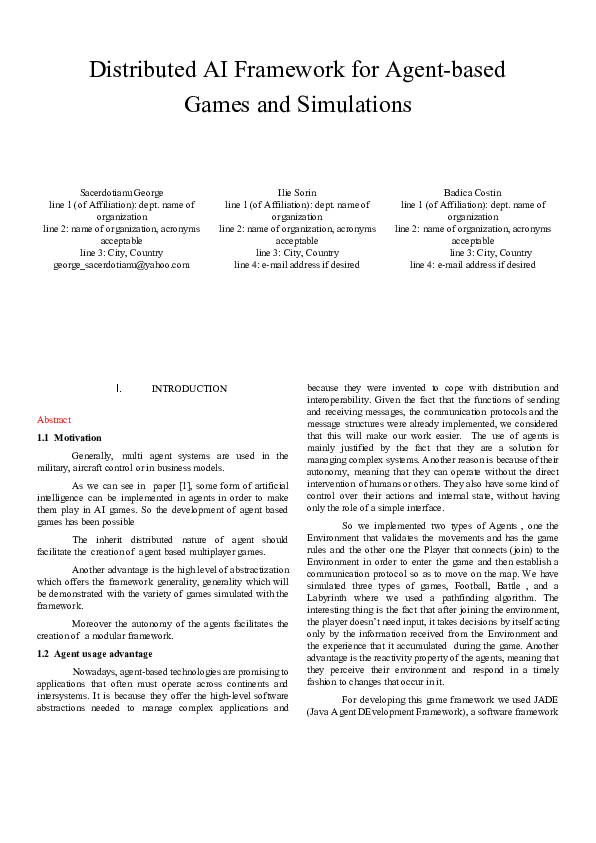 First page of “Software Framework for Agent-Based Games and Simulations”