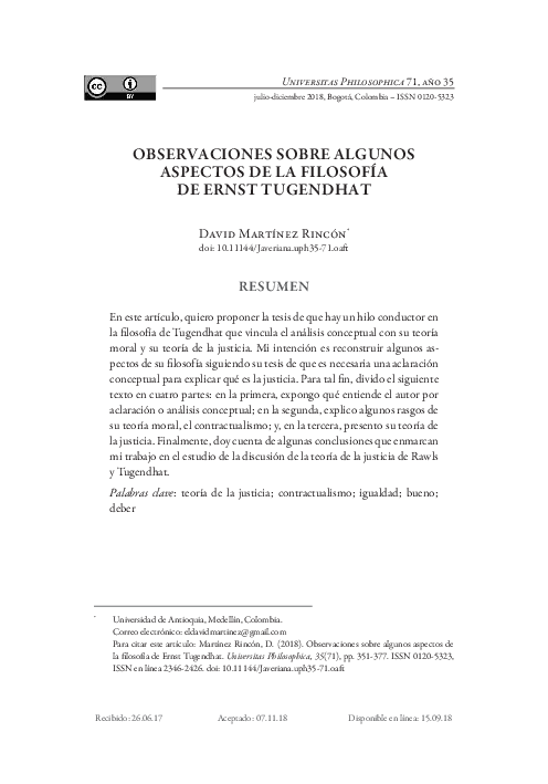 First page of “OBSERVACIONES SOBRE ALGUNOS ASPECTOS DE LA FILOSOFÍA DE ERNST TUGENDHAT”