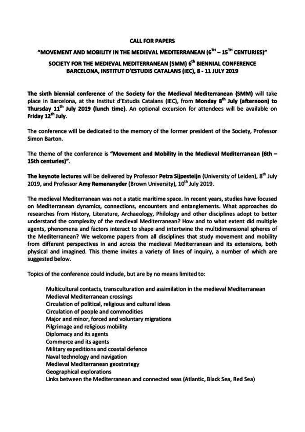 First page of “Call for papers: Society for the Medieval Mediterranean”