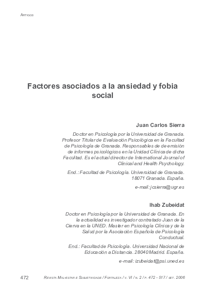 First page of “Factores asociados a la ansiedad y fobia social Ihab Zubeidat”