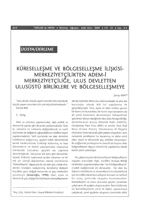 First page of “Küreselleşme ve Bölgeselleşme İlişkisi”