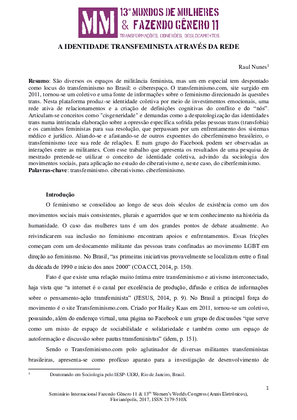 First page of “A identidade tranfeminista através da rede”