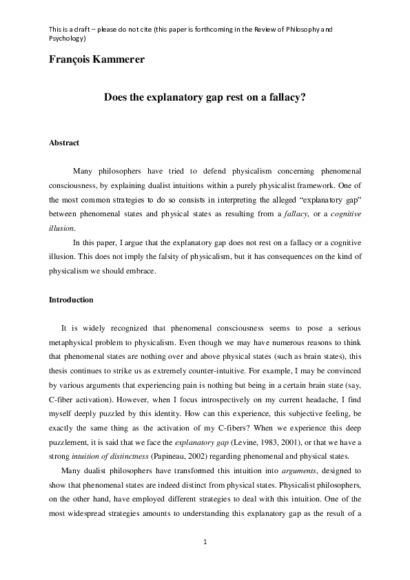 First page of “Does the explanatory gap rest on a fallacy?”