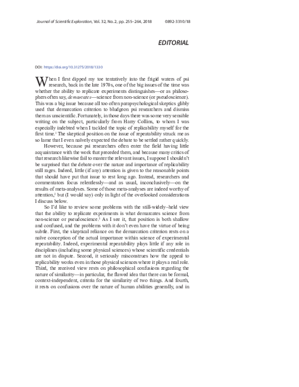 First page of “JSE Editorial 32-2 on replication in parapsychology.pdf”