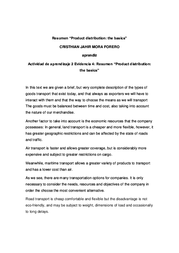 First page of “Evidencia 4 Resumen Product distribution the basics”