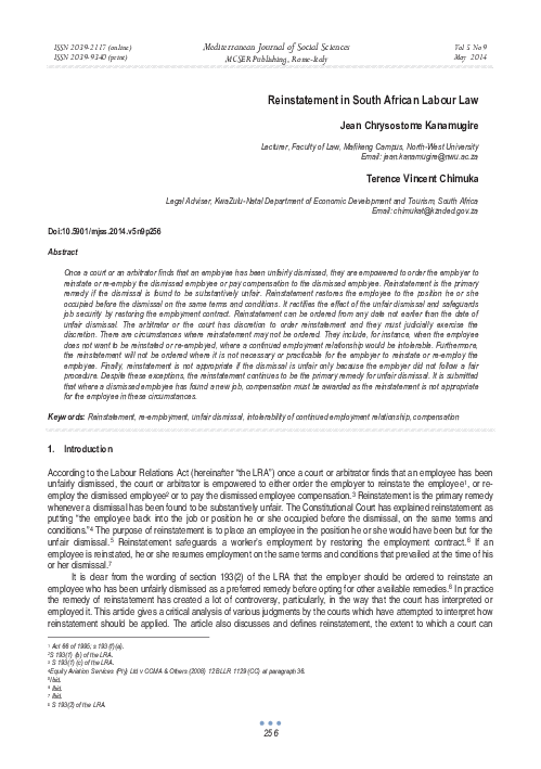 First page of “Reinstatement in South African Labour Law”