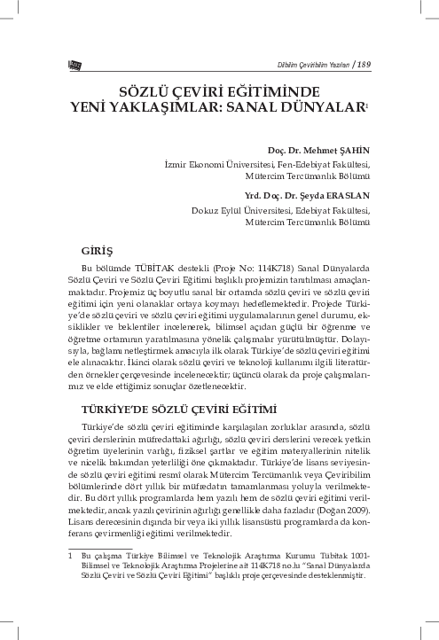 First page of “SÖZLÜ ÇEVİRİ EĞİTİMİNDE YENİ YAKLAŞIMLAR: SANAL DÜNYALAR”