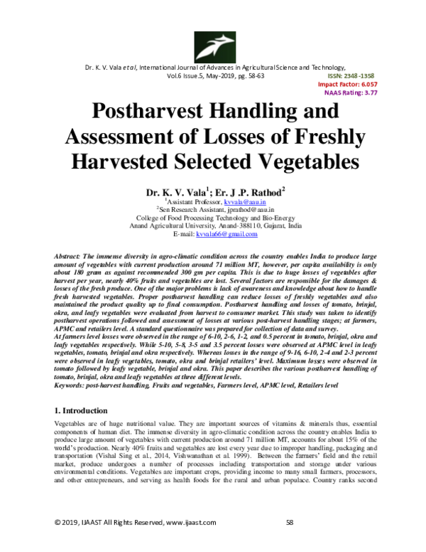 First page of “Postharvest Handling and Assessment of Losses of Freshly Harvested Selected Vegetables”