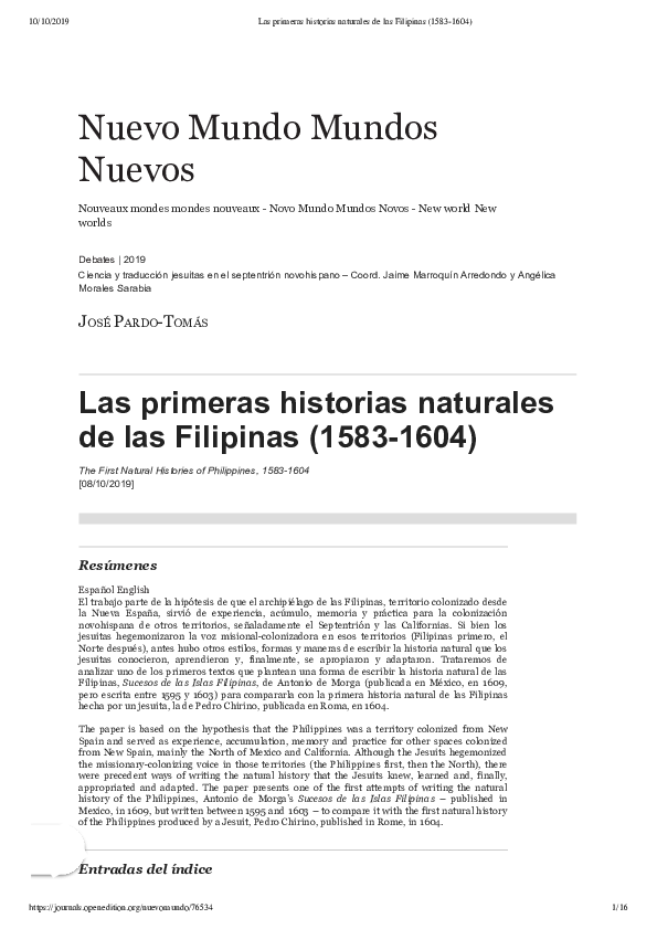 First page of “Las primeras historias naturales de las Filipinas (1583-1604)”