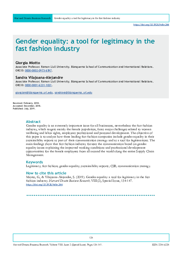 First page of “Gender equality: a tool for legitimacy in the fast fashion industry”