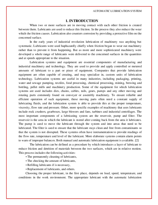 First page of “AUTOMATIC LUBRICATION SYSTEM”