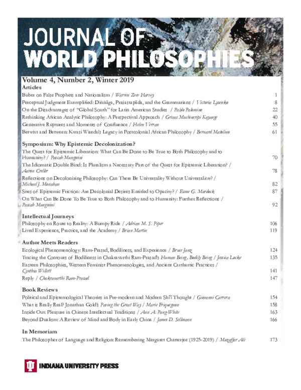 First page of “ToC, Issue 4,2, Journal of World Philosophies”