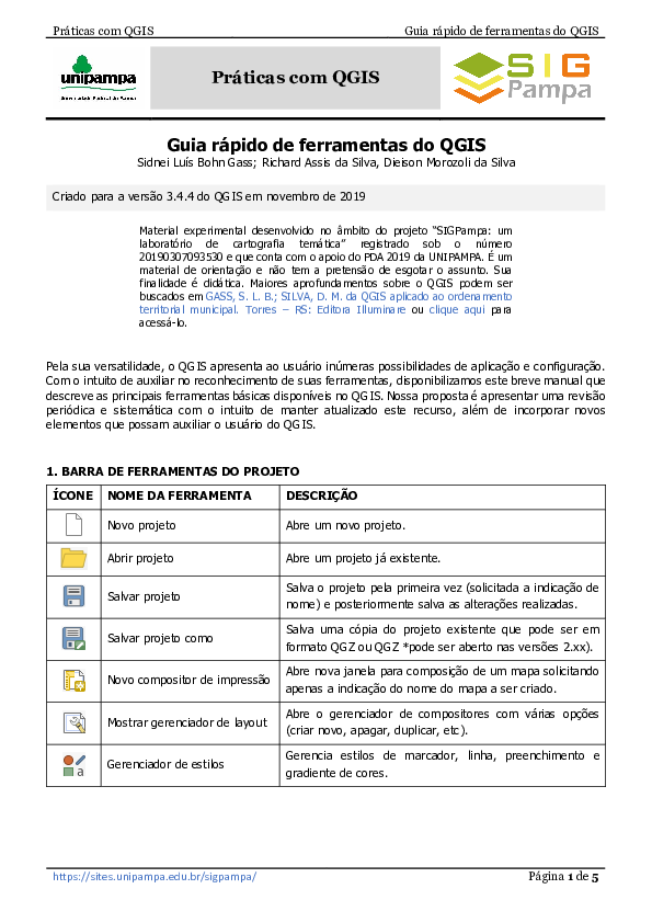 First page of “Guia rápido de ferramentas do QGIS”