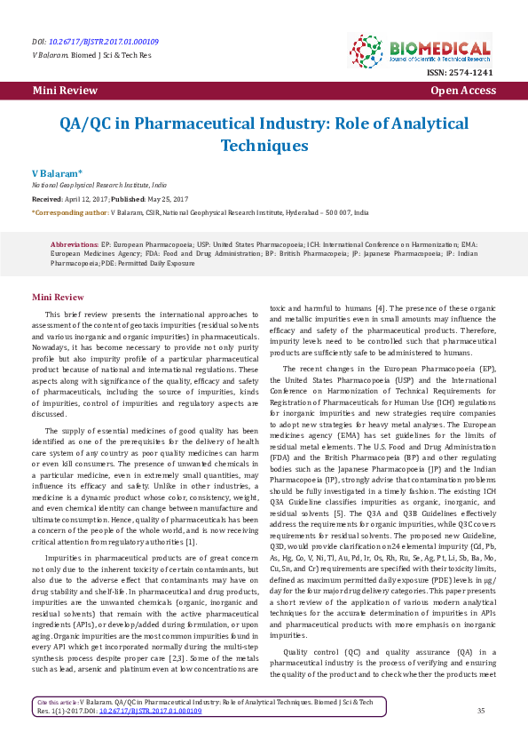 First page of “QA/QC in Pharmaceutical Industry: Role of Analytical Techniques”