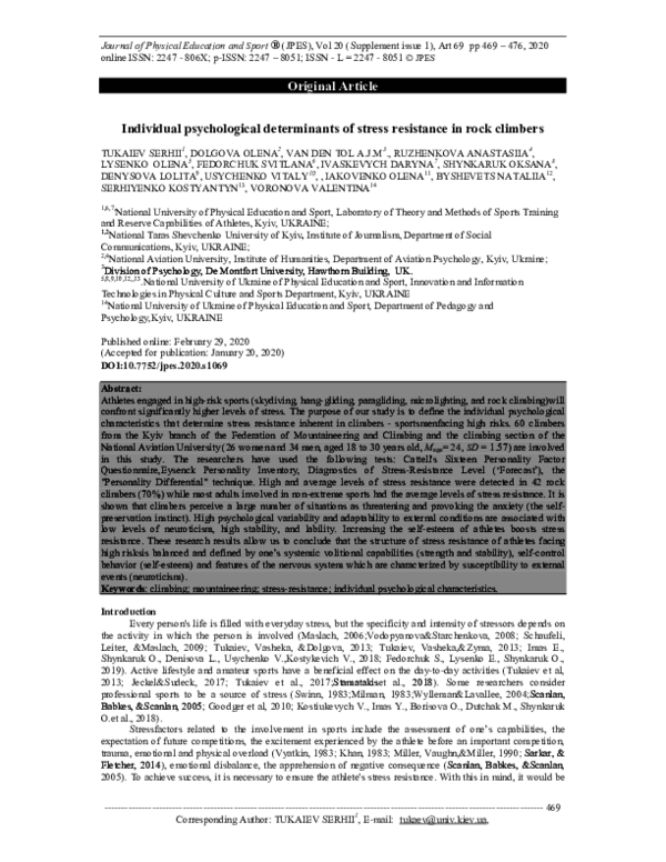 First page of “Individual psychological determinants of stress resistance in rock climbers”