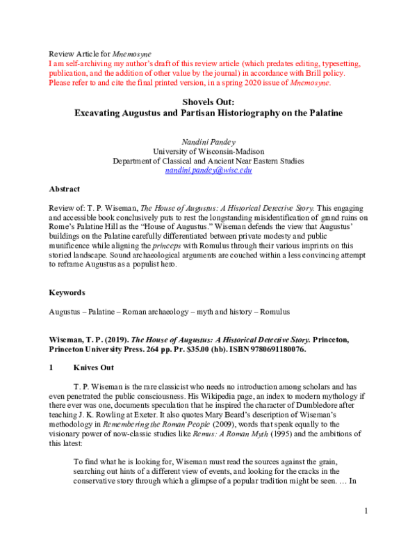 First page of “Shovels Out: Excavating Augustus and Partisan Historiography on the Palatine”