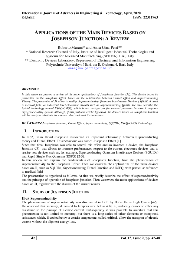 First page of “APPLICATIONS OF THE MAIN DEVICES BASED ON JOSEPHSON JUNCTION: A REVIEW”