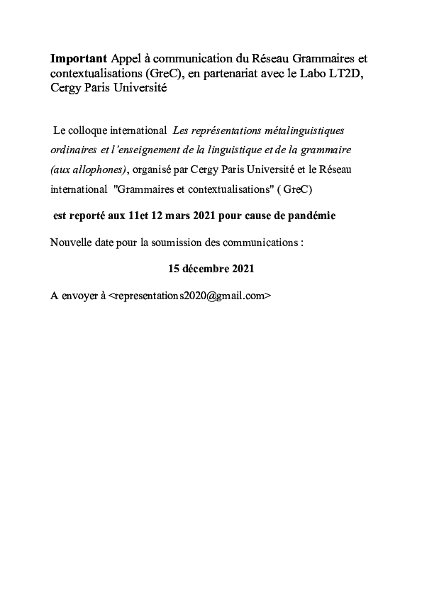 First page of “Attention : Colloque Cergy-GreC Report aux 11-12 mars 2021”