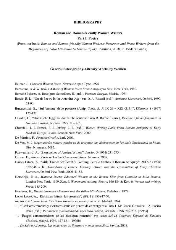 First page of “Roman and Roman-friendly Women Writers Bibliography (Poetry)”