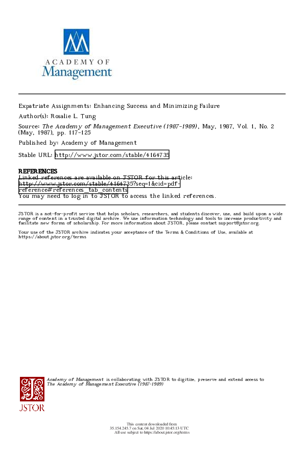 First page of “Expatriate Assignments: Enhancing Success and Minimizing Failure”