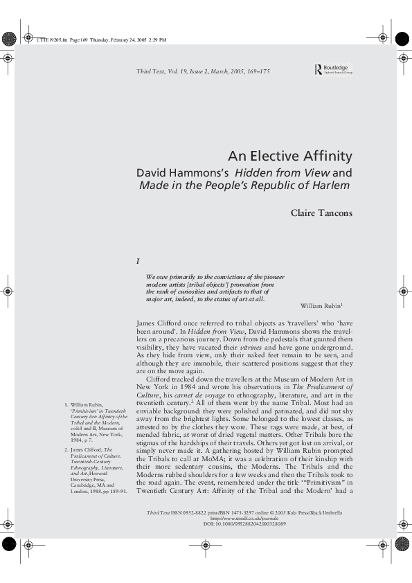 First page of “David Hammons: An elective affinity”