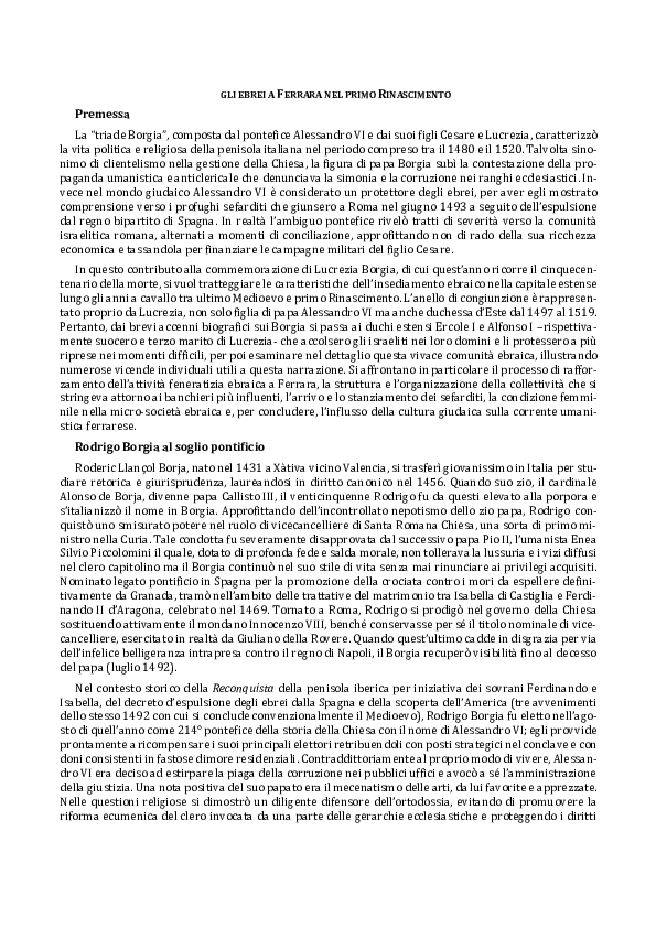 First page of “Gli ebrei a Ferrara nel primo Rinascimento”