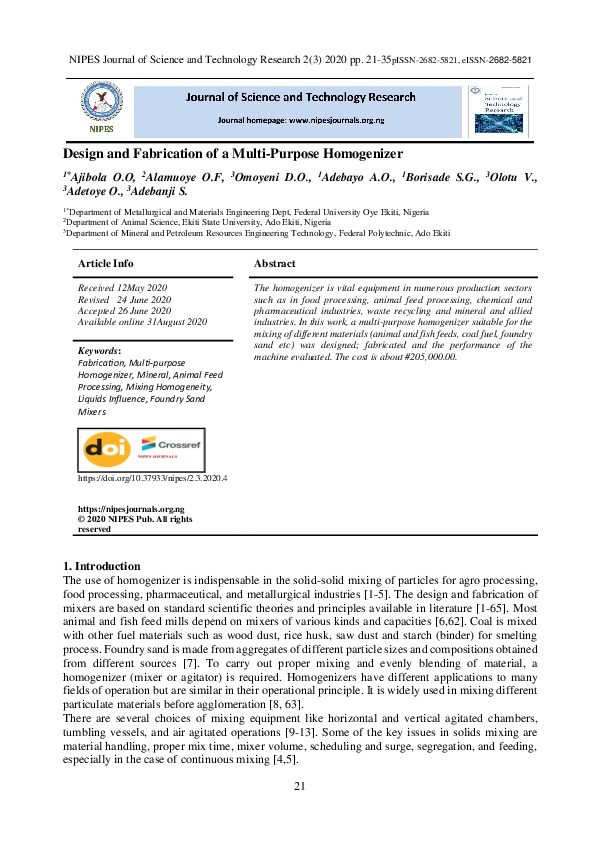 First page of “Design and Fabrication of a Multi-Purpose Homogenizer”