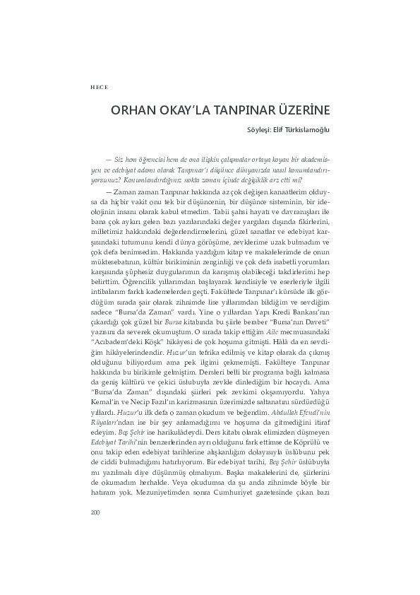 First page of “H E C E ORHAN OKAY'LA TANPINAR ÜZERİNE”