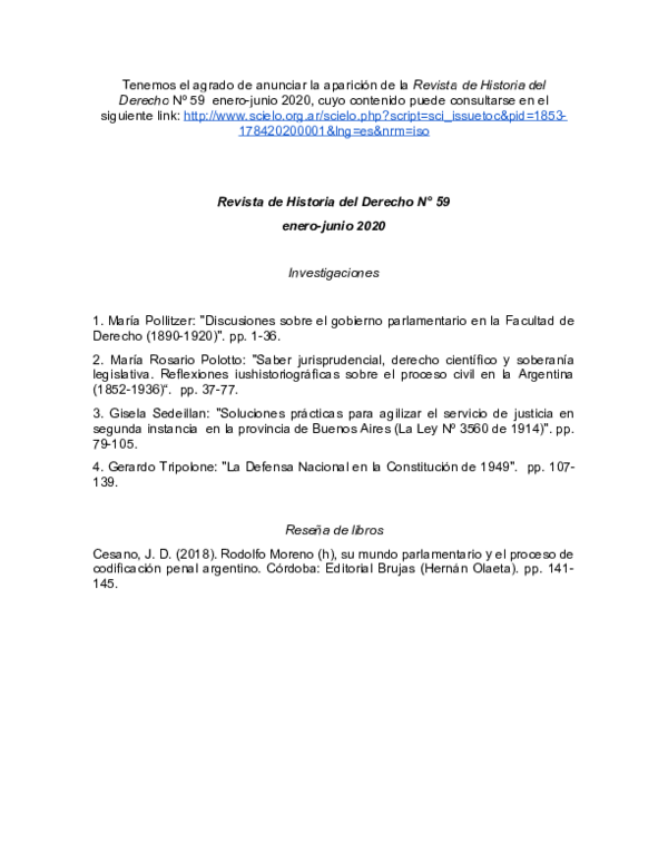 First page of “Revista de Historia del Derecho No 59 enero junio 2020”