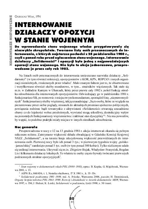 First page of “Internowanie działaczy opozycji w stanie wojennym”