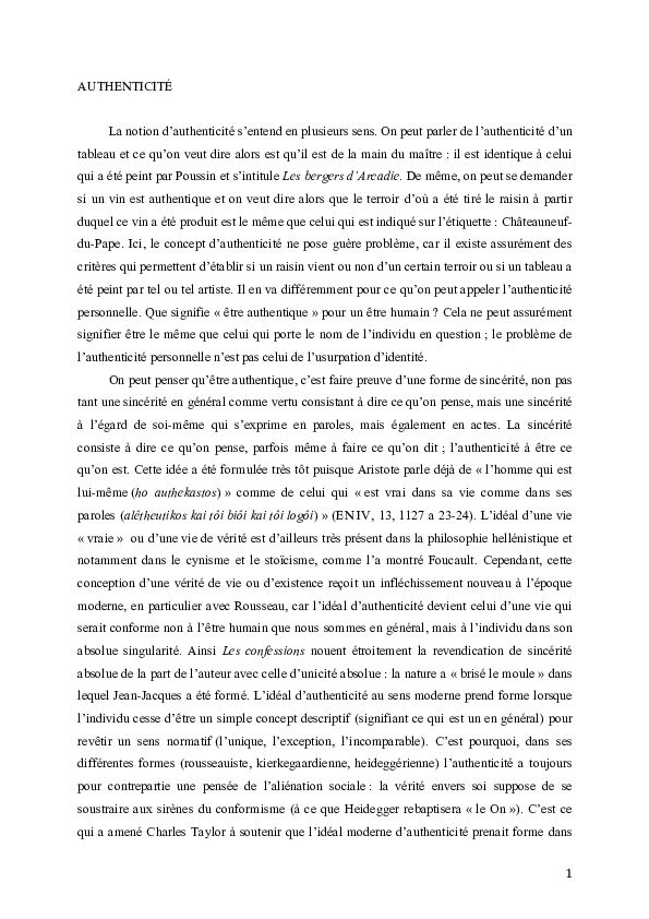 First page of “Authenticité”