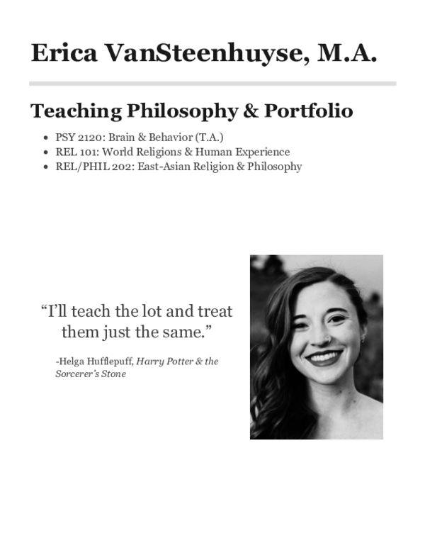 First page of “Erica VanSteenhuyse, M.A. Teaching Philosophy & Portfolio”