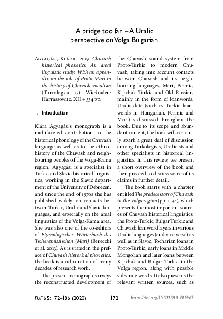 First page of “A bridge too far – A Uralic perspective on Volga Bulgarian”