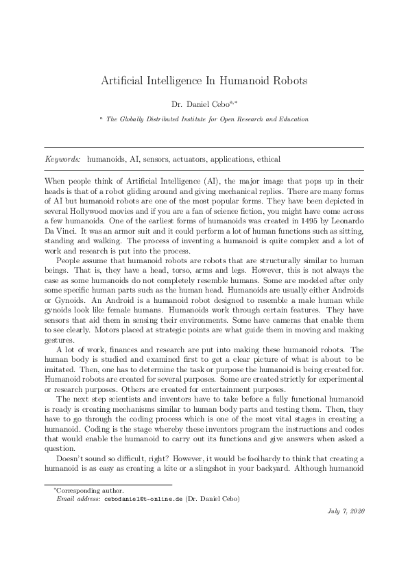 First page of “Artificial Intelligence In Humanoid Robots”