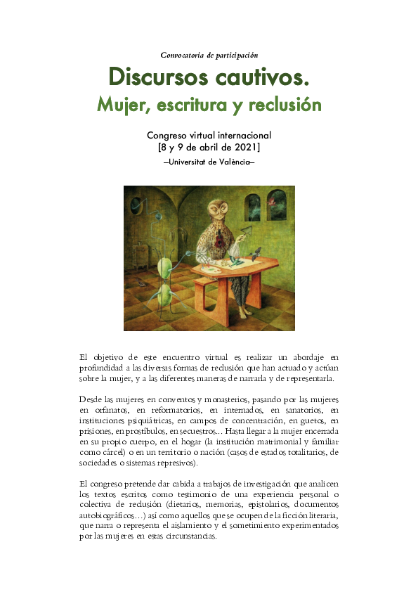 First page of “[CFP] "Discursos cautivos. Mujer, escritura y reclusión". Congreso virtual internacional”