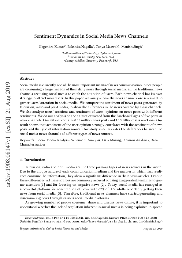 First page of “Sentiment Dynamics in Social Media News Channels”