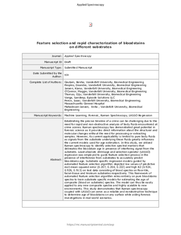 First page of “Feature selection and rapid characterization of bloodstains on different substrates”