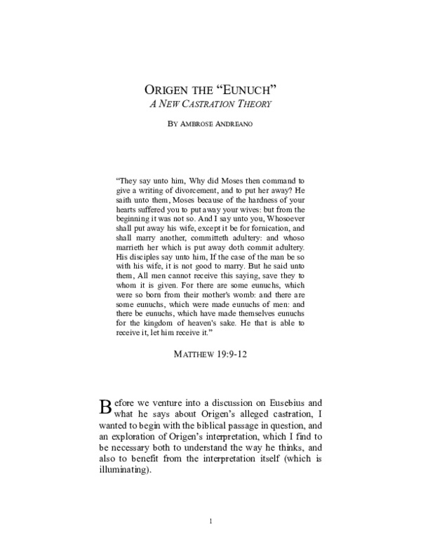 First page of “Origen the "Eunuch:" A New Castration Theory”