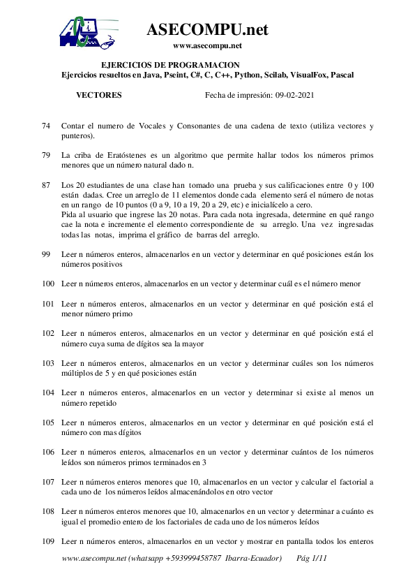 First page of “EJERCICIOS DE PROGRAMACION VECTORES”